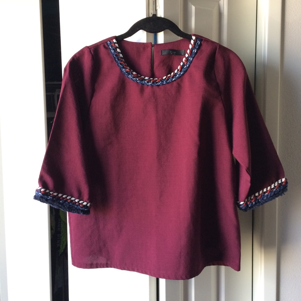 ⭐️Wine Red Boxy Top with Braided Tweed Fringe Trim - Picture 1 of 8